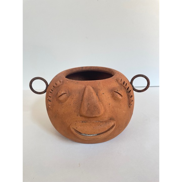 Other - Vintage Terracotta Face Planter Rustic Clay Pot with Metal Ring Handles 6in